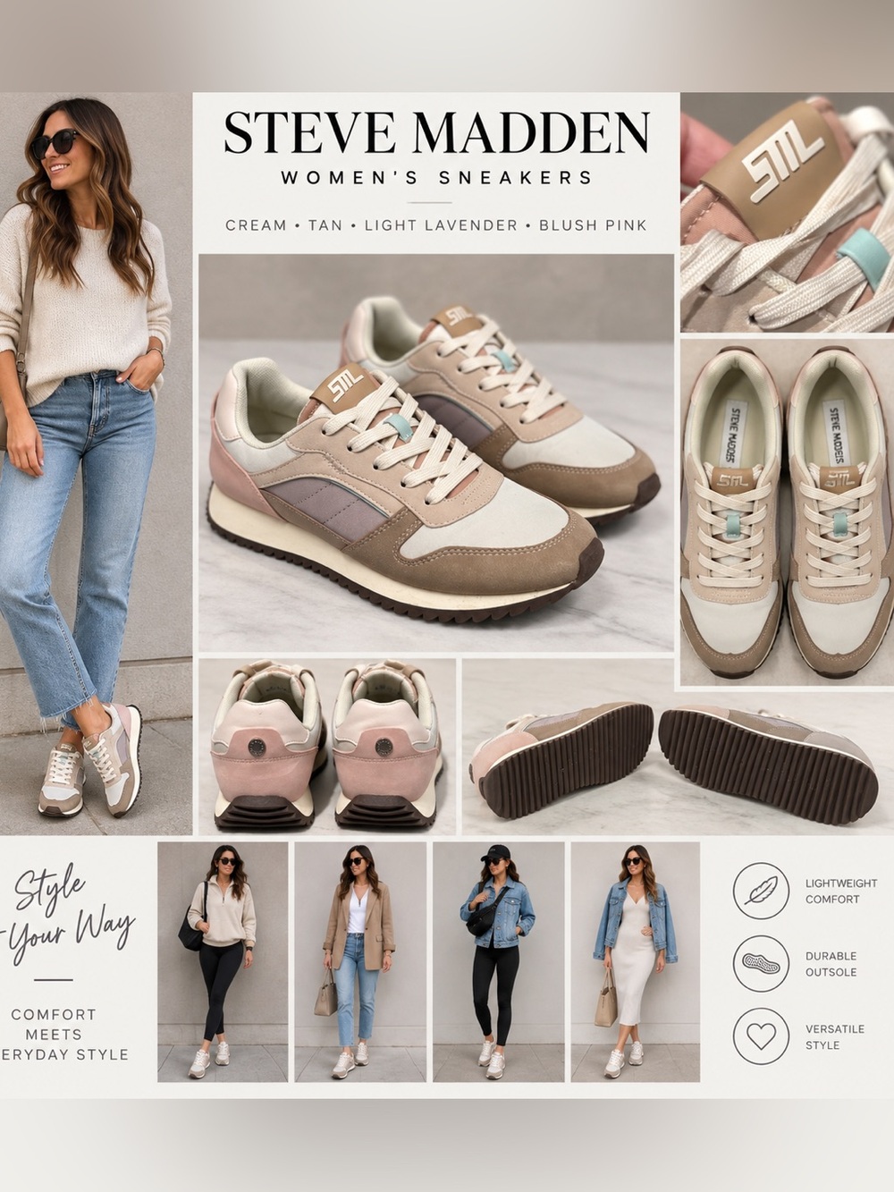 Steve Madden Women’s Retro Sneakers Size 8 Cream Tan Lavender Blush Pink